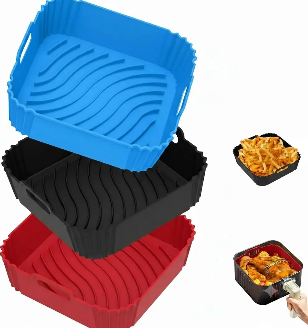 3 Pack Silicone Air Fryer Liners Square for 4-6, 5-9, 8-10 QT, Heat Resistant Pot Oven Liners Reusable Baking Tray Mat Kitchen Accessories Home Cooking Utensils