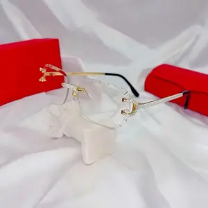 New Cut Clear Lens Sunglasses square Rimless Sunglasses High Quality Unisex Diamonds Shiny Sun Glasses Rhinestones Sunglasses