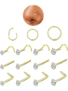 Nose Rings for Women, 14k Hypoallergenic Surgical Steel, 18g/20g Cz Studs, Punk Style, 15pcs Set, Nose Ring Jewelry, All Seasons