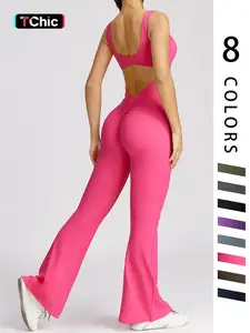 Women Sleeveless Flare Jumpsuits Sexy Backless Tank Tops Bodycon Scrunch Butt Yoga Rompers Seamless Unitard Playsuit Sportswear