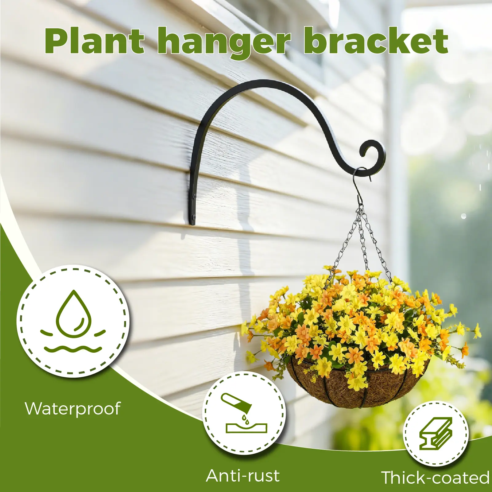 Bamworld 2-Pack 20cm Black Hanging Basket Brackets with Ceiling Hooks, Plant Holders for Hanging Flower Baskets, Bird Feeders (Indoor, Outdoor Use), Hanging Flowers Basket