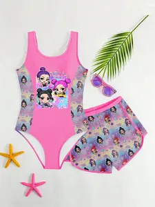 Kpop Anime Sweet Cool Dance Girl Swimsuit Set, Sleeveless One-Piece Swimwear and Shorts 2 Piece Set, Summer Fashion Beach Vacation, Swimwear Sets
