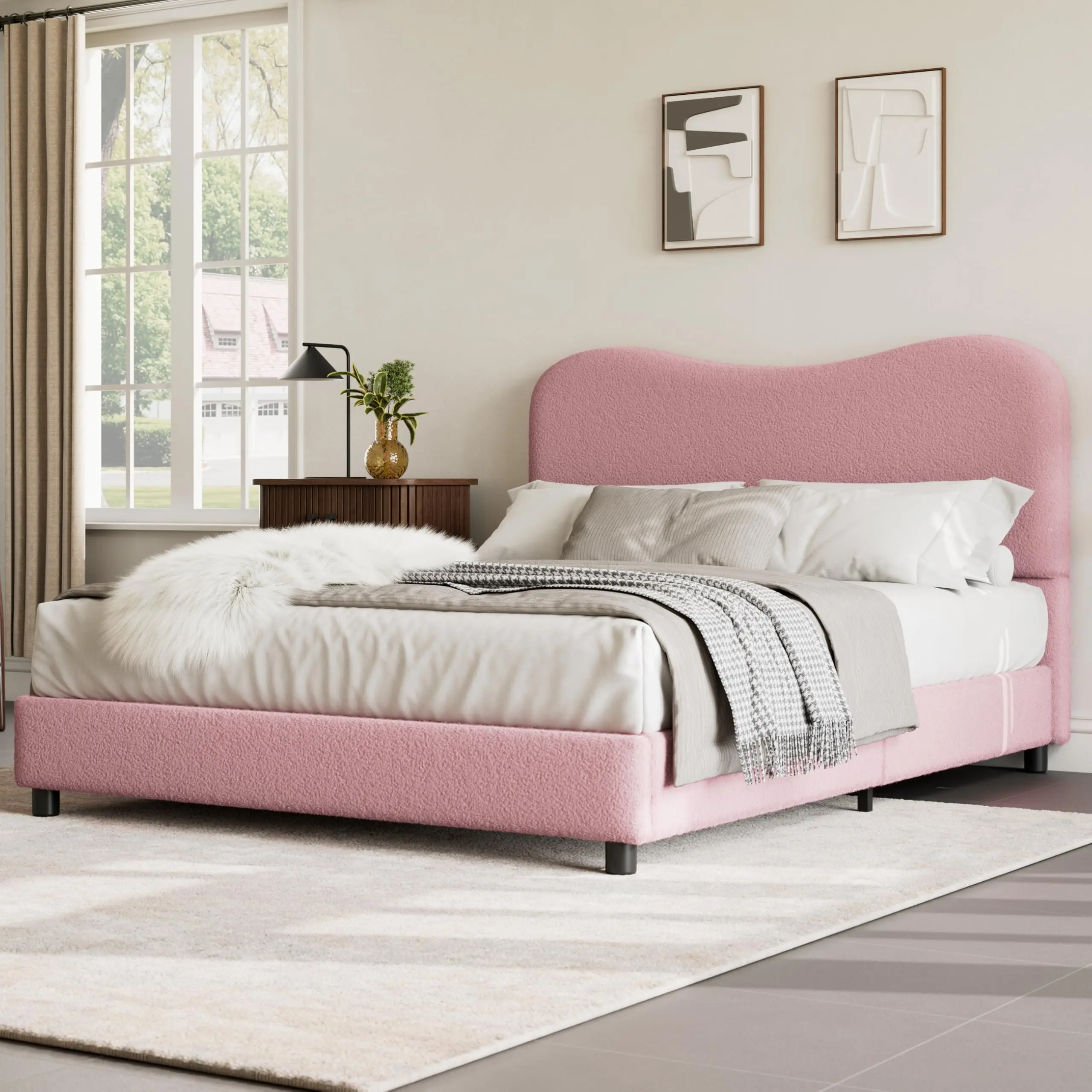Garvee Boucle Queen Bed Frame with Upholstered Headboard, Soft Low Profile Sturdy Platform Bed Featuring Rounded Corners, Heavy Duty Wooden Slats, Noise-Free Design, No Box Spring Needed, Pink Finish