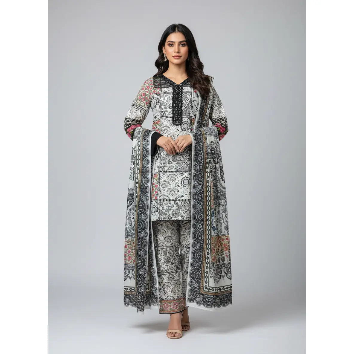 Women's 3-Piece Khadder Dress Set, Casual Ethnic Print Embroidered Long Sleeve Tunic with Dupatta and Wide Leg Trousers, Women's Clothes, Clothes, Style, Lady, Elegant, Elegance, Longsleeves, Embroidery, All Season, Modest Fashion, Ai-Generated Design, Wi