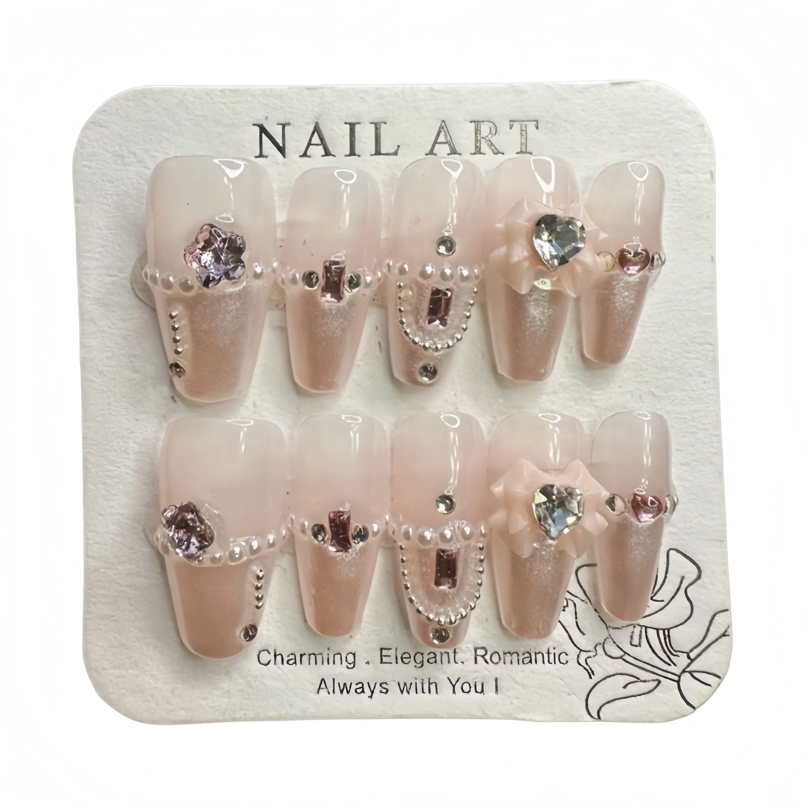 Handmade Press-On Nails with Luxury Gem & Pearl Accents, Removable Acrylics for Nail Art Design - Accessories for Women, Multicolor, Size M/L, Handcrafted Look, Acrylic Nails