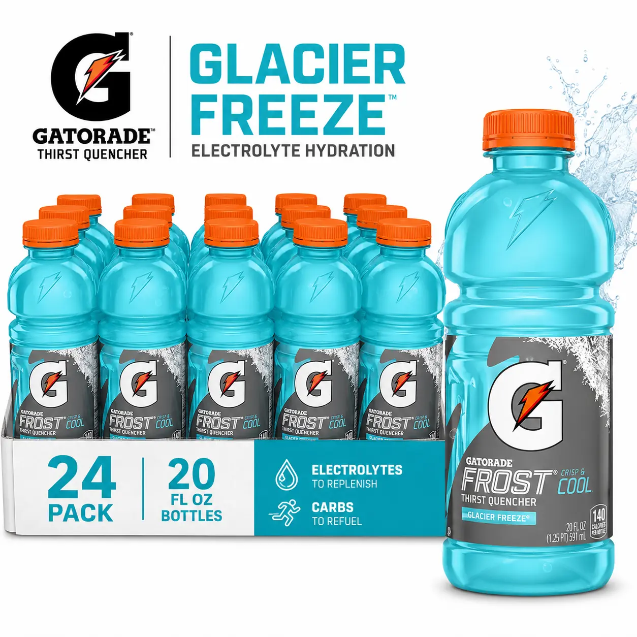 Gatorade Thirst Quencher Sports Drink - Glacier Freeze Flavor, Electrolyte Hydration, 20 Fl Oz Bottles, Pack of 24