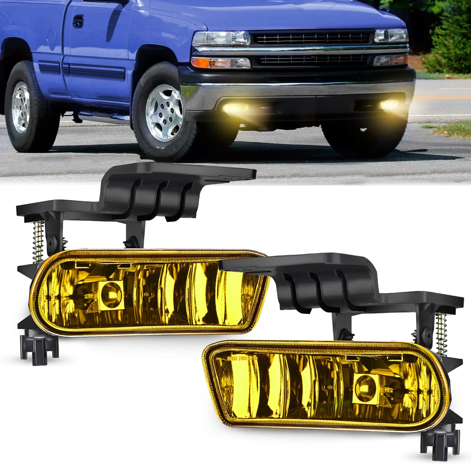 Nilight Fog Light Assembly Compatible with 1999 2000 2001 2002 Chevy Silverado 1500 2500 2001-2002 3500 Chevy Silverado 2000-2006 Suburban Tahoe, Durable Construction Headlight Bracket Black, H10 Bulbs, Car Lighting Upgrade, Amber Tone, Chevy Models