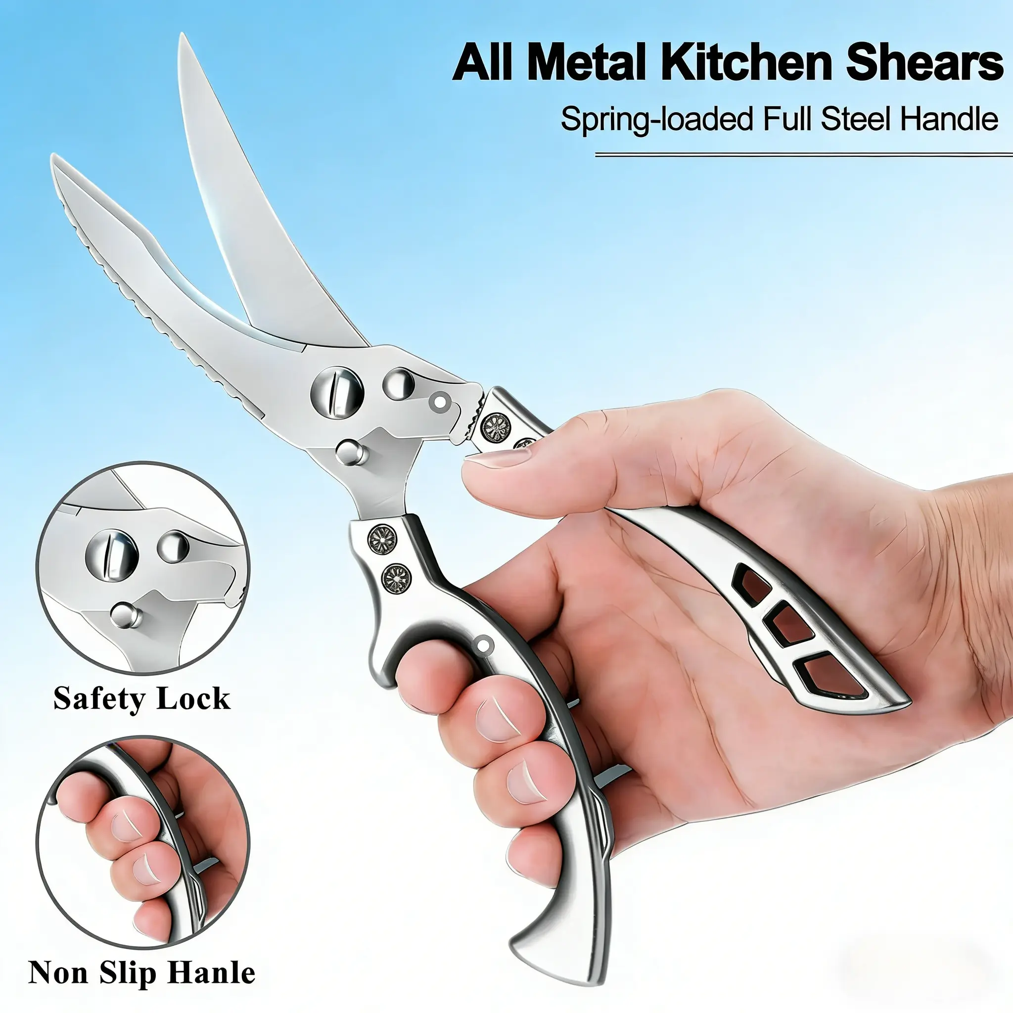 Extra-Sharp Stainless Steel Kitchen Shears - Heavy-Duty Spring-Loaded Multipurpose Scissors, Effortless Cutting for Chicken, Meat, Vegetables, Dishwasher-Safe Kitchenware