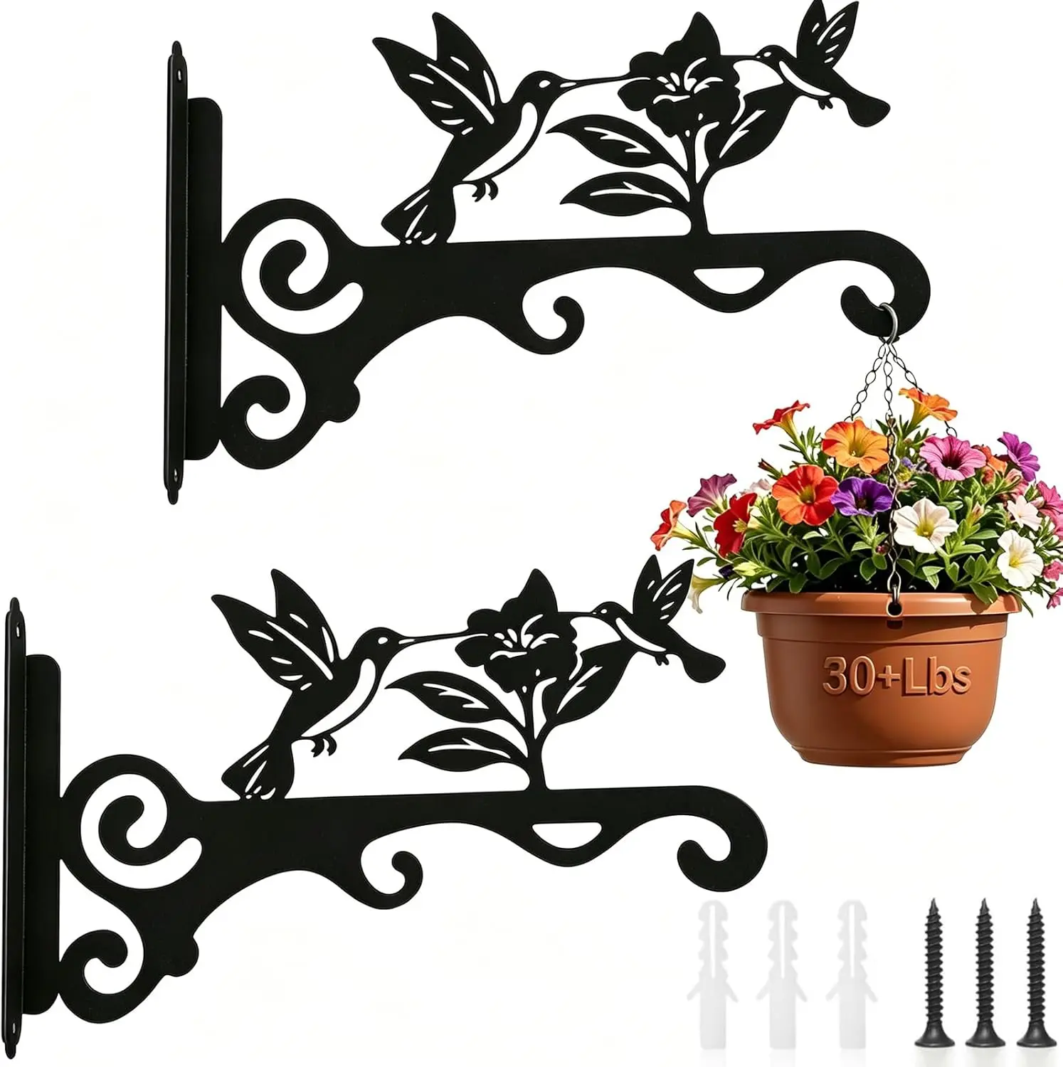 Nature Theme Wall Hooks (2-Pack, 10 inch/10" Size) - Rust-Resistant Metal Hanging Brackets, Indoor & Outdoor for Plants, Feeders, Chimes (Elegant Bird Pattern, Black, 10in Length Options: 10/12/14in)