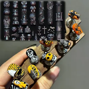 Halloween Nail Art Silicone Mold Pumpkin Skull Bat Spider Web Castle Candle Candy Design, Dark Style Holiday Manicure Template