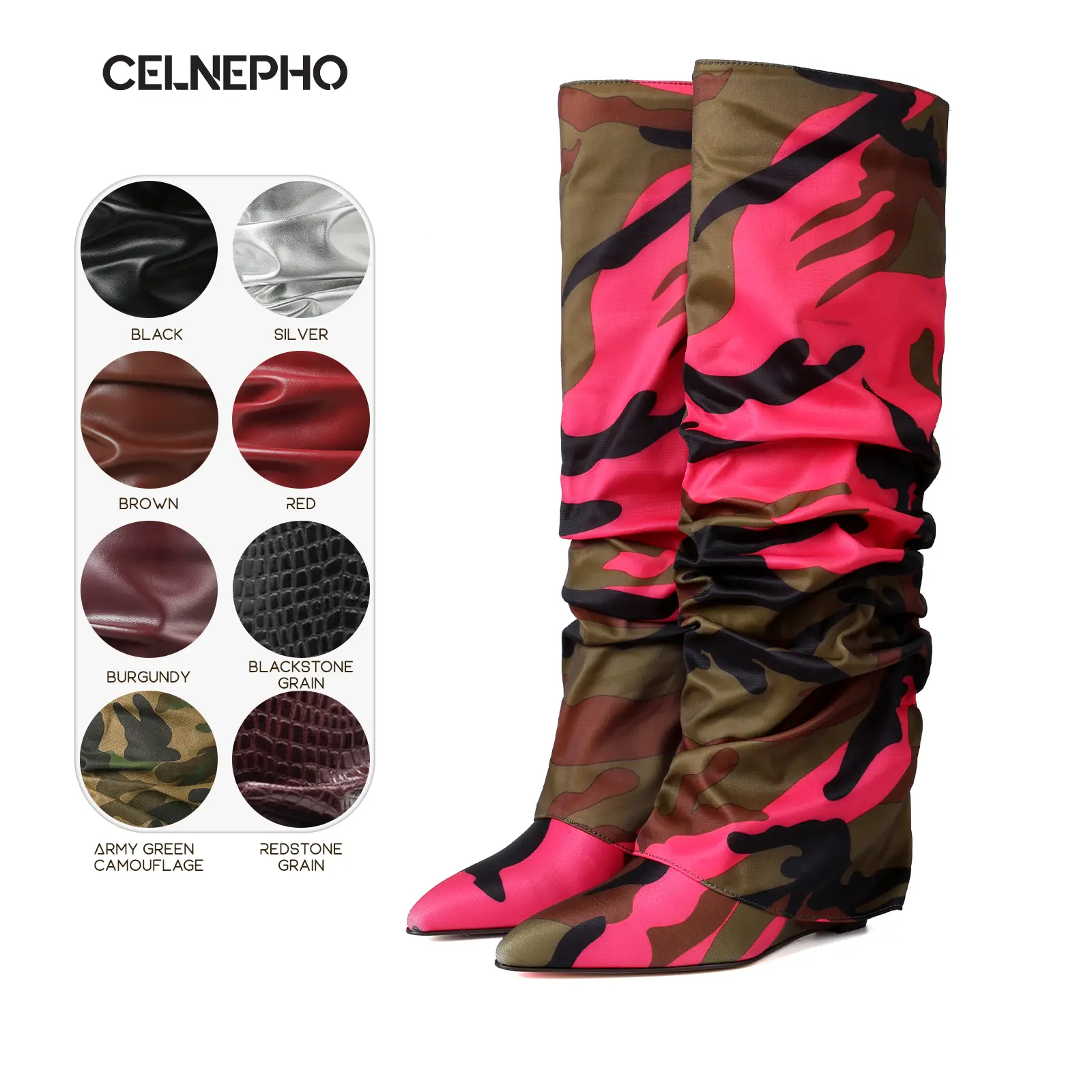 CELNEPHO Womens Slouch Boots Pointed Toe Covered Wedge Heel Fashion Knee High Booties Easy Pull on Fold Over Boot Formal Wear Date Events Gift Party Outdoor Casual Summer Wear Date Trendy Fashion Dress Shoes