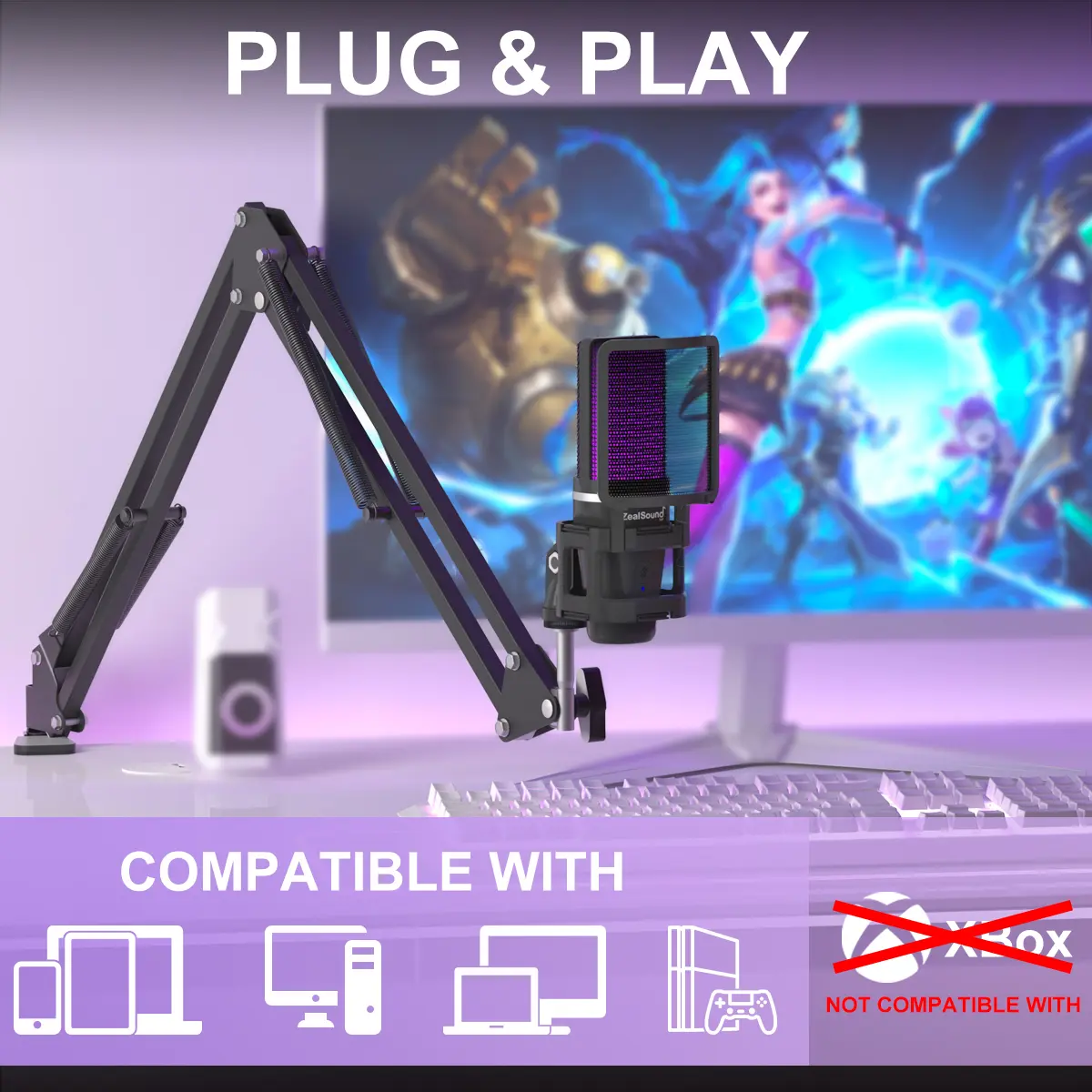 ZealSound A68S Wired USB Metal Gaming Microphone - Adjustable, RGB Lighting, Shock Mount, Volume Control, Plug-and-Play, Game Auxiliary for PC, Laptop, Mobile Audio Recording (Auspicious Design), Content Creators, Soft Light Guide, Android, Devices, Birth