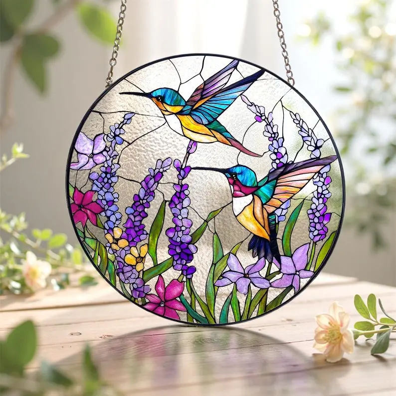 Hummingbird Stained Glass Suncatcher, Mother's Day Gift for Mom Grandma, Window Hanging Bird Art, Sympathy Memory Gift, Spring Decor