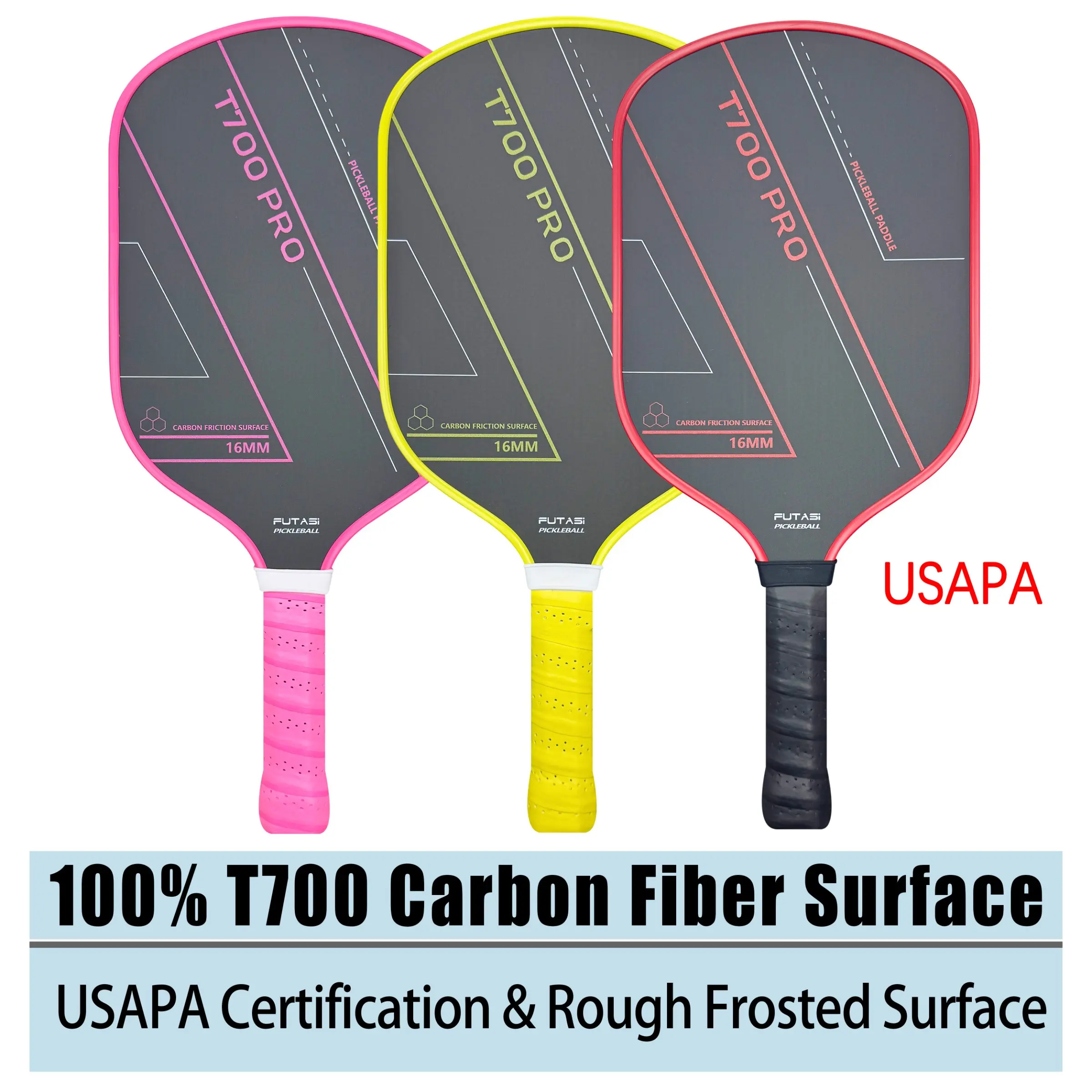 This T700 carbon fiber pickleball paddle features a rough matte surface that delivers better spin on the pickleball. It is a carbon fiber pickleball paddle suitable for both competitive matches and beginners.