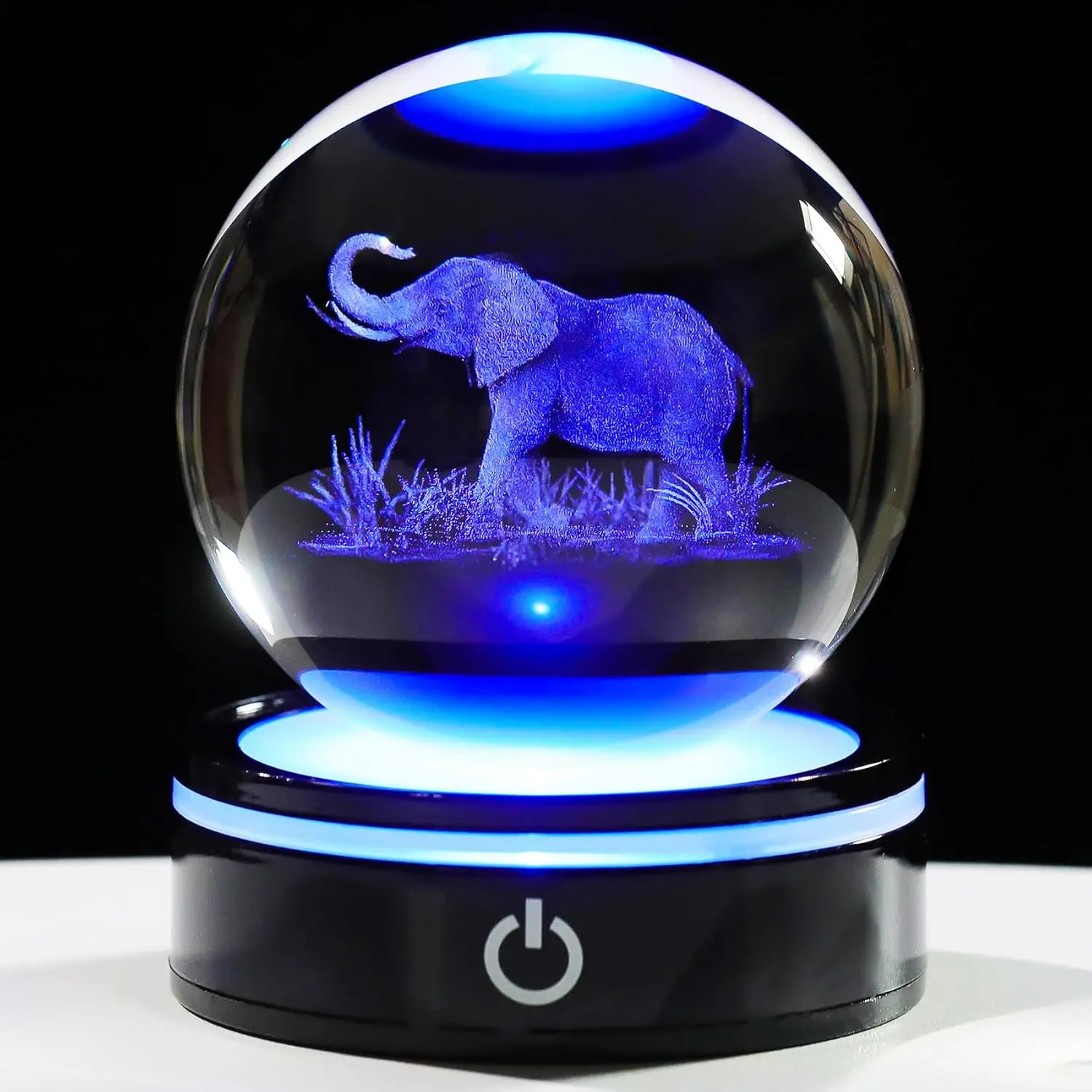 80mm 3D Laser Engraved Elephant Figurine Crystal Ball with LED Light Base, Home Office Decorative Glass Sphere, Gift for Women on Christmas or Birthday