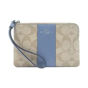 COACH Corner Zip Wristlet PVC Wallet for Women in Khaki and Blue