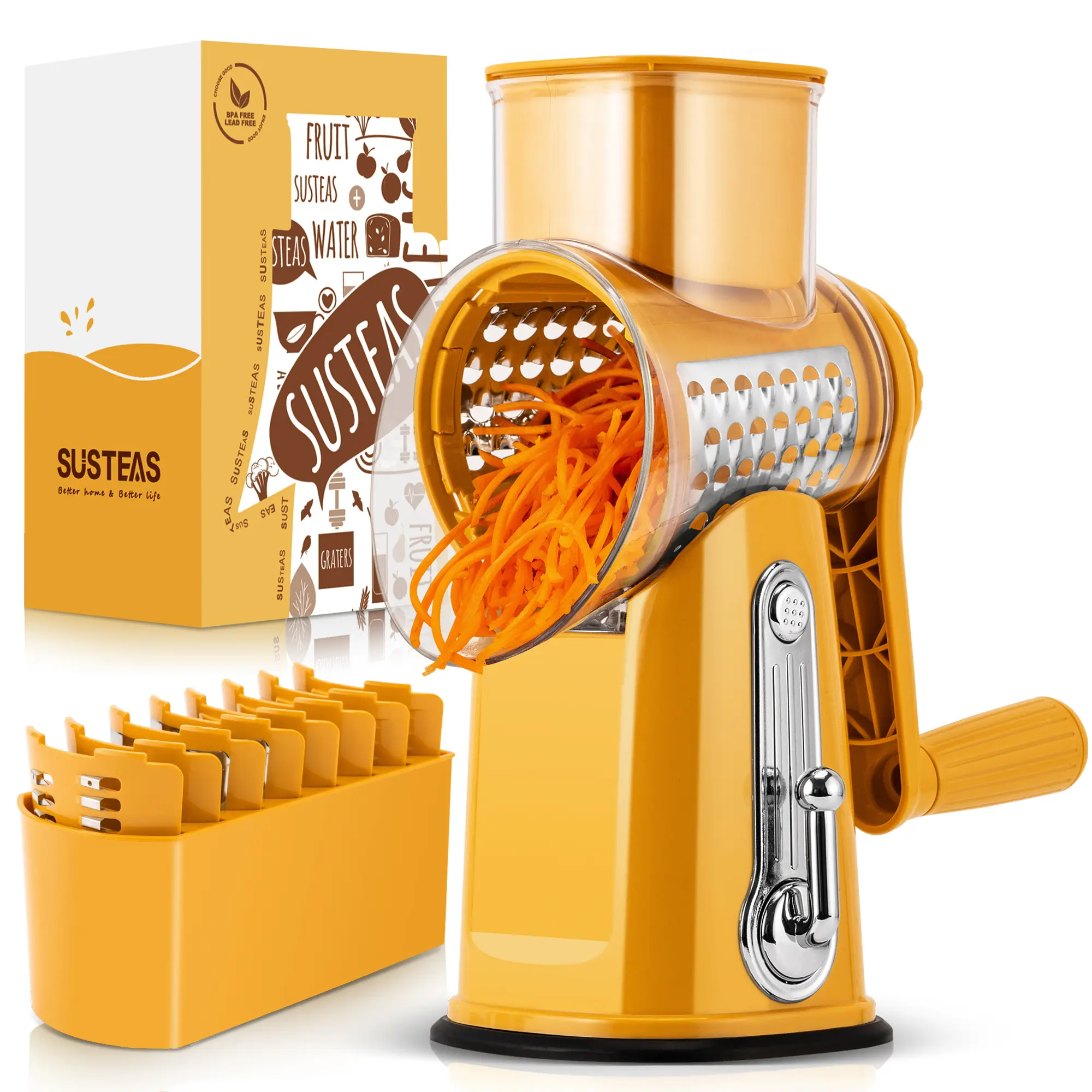 SUSTEAS Hand Crank Round Mandoline Slicer - BPA-Free Kitchen Utensils with 5 Replaceable Blades, Compact Stainless Steel Rotary Shredder, Portable Dishwasher-Safe Cucumber Slicer for Vegetable Slicing Mandolines, Easy to Clean