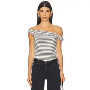ALL THE WAYS Amber Off Shoulder Top in Black & White Stripe