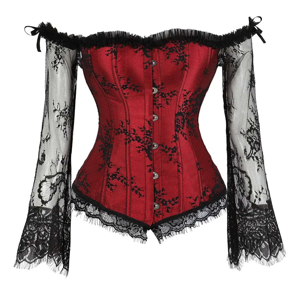 Corset Tops for Women with Lace Sleeves Bustier Overbust Lace Up Bodice Lingerie Tummy Control Gothic Corset for Halloween Costumes & Party Outfits Womenswear 8125-D1