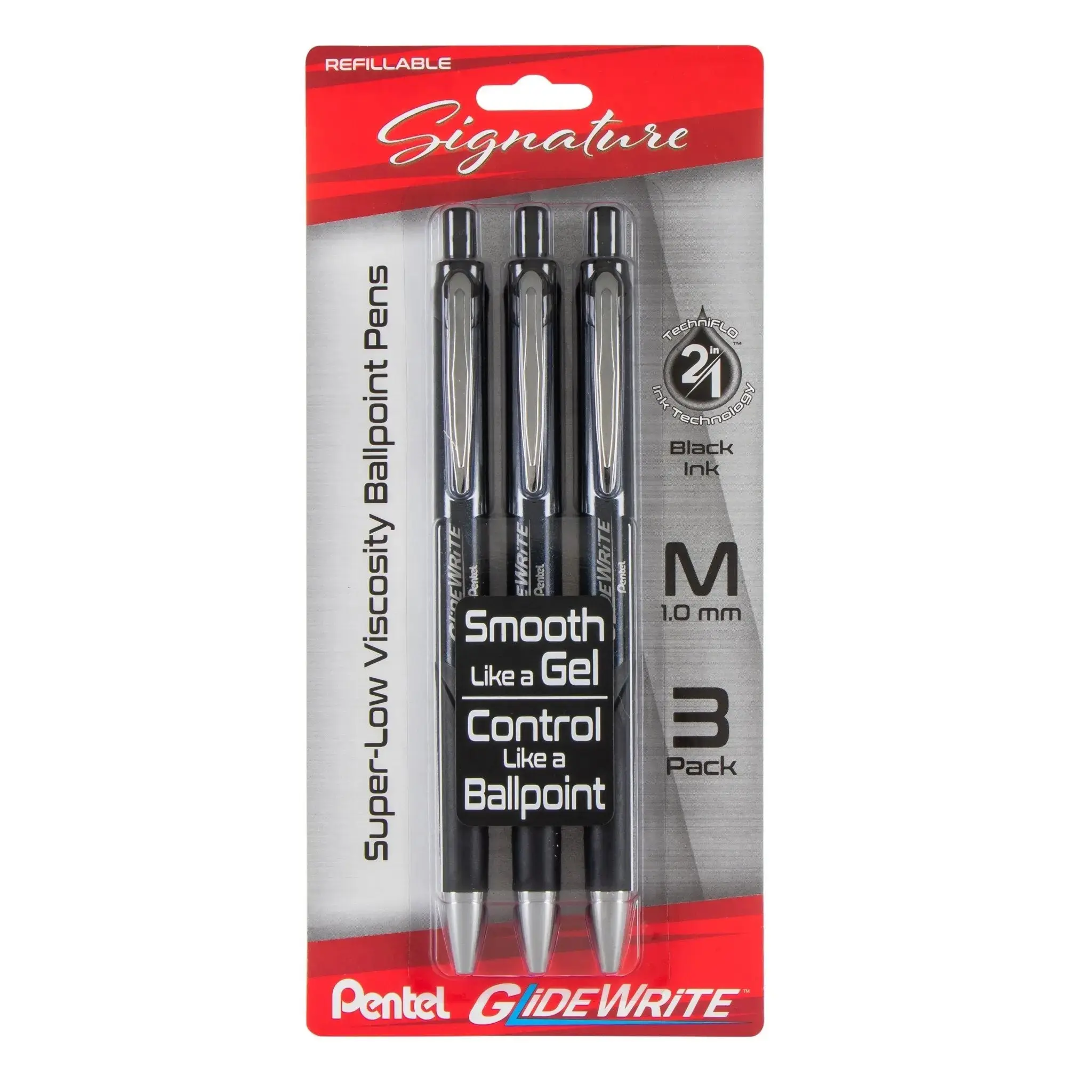 GlideWrite Signature Stainless Steel Ballpoint Pen 3-Pk, 1.0mm Ball Tip, Contoured Grip, Black Writing & Refills Included