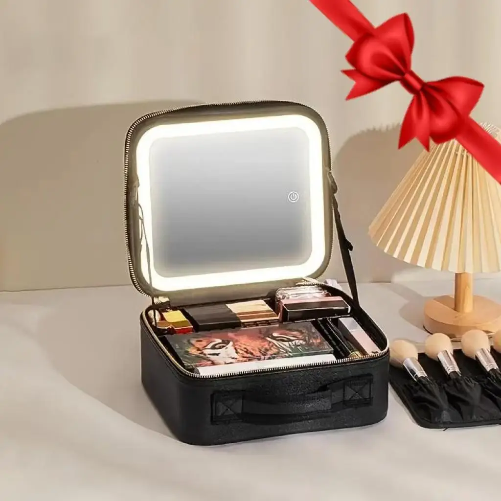 Travel Portable Makeup Bag with LED Light, Large Capacity Cosmetic Storage Box, Travel Portable Makeup Case with Mirror, Makeup Bag Set, Christmas Gif