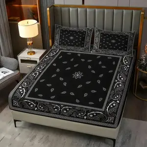 Paisley Bandana Bedding Set (3-Piece, 1 Fitted Sheet + 2 Pillowcases),Black & White Bandana Print, Deep Pocket Fitted Sheet, Bed Sheet Sets, Perfect for Street Style & Modern Home Vibes