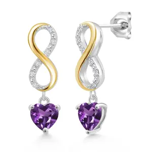 925 Silver and 10K Yellow Gold Heart Shape 5MM Gemstone Birthstone and Lab Grown Diamond Infinity Dangle Earrings for Women By Keren Hanan