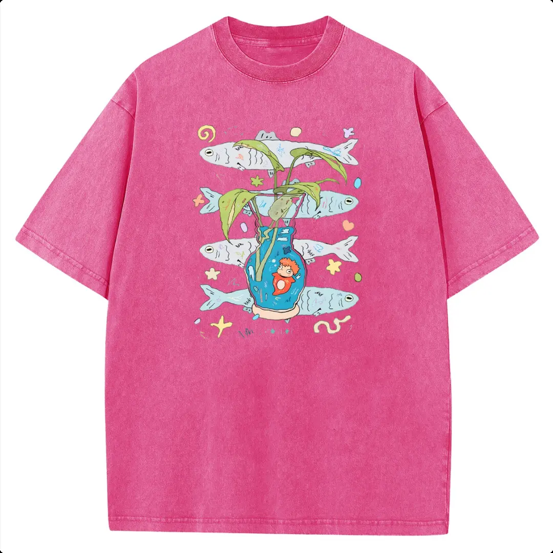 Women's Unisex Street Round Neck Cotton Graphic Tee - Ponyo Vase Fish Motif Acid-Washed Retro Heavy Cotton Regular Fit T Shirt, Casual Streetwear Top