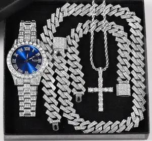 Men's Hip Hop Style Luxury Blue Face Silver Plated CZ Watch & Iced Cuban Chain & Bracelet & Cross Necklace Gift Set