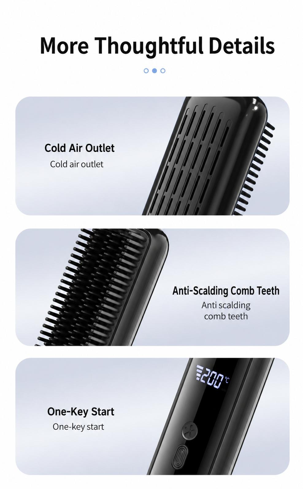 Lightweight Hair Straightener Brush with MCH Rapid Heating, 3 Temp Levels & Cool Air Styling, Fast Charging Travel Ready Hair Tools with Digital Display, Adjustable, Cordless, Anti-Frizz, Dual Voltage, Smooth, Straightening Curly Hair