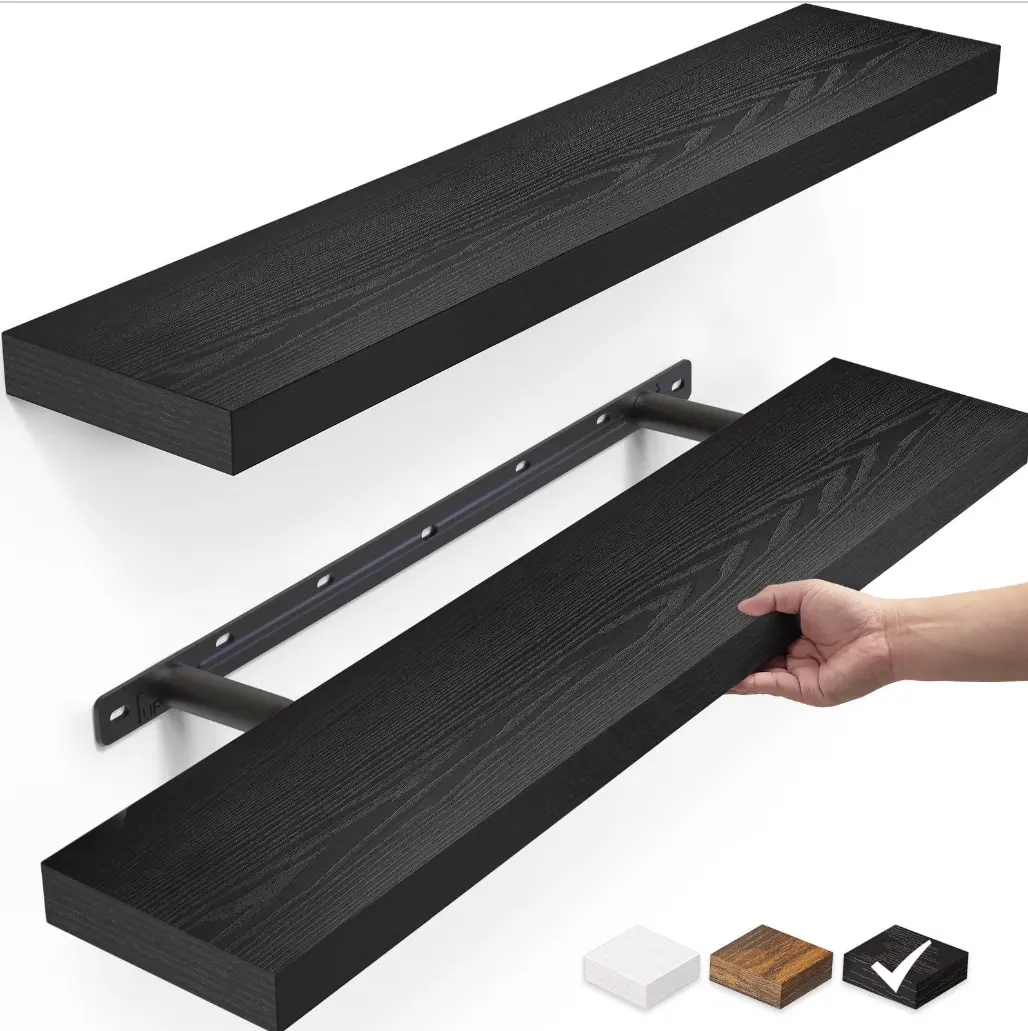 Wooden Floating Shelves (Set of 2, Black), 22.5 in Wall-Mounted Decorative Shelf for Kitchen, 6.7 x 23 in, Easy Installation, Modern Home Decor