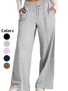 Women's High Waist Drawstring Wide Leg Pants, Casual Elastic Waist Long Trousers with Pockets, All Seasons Wearable Home Clothes Casual Comfy Pocket