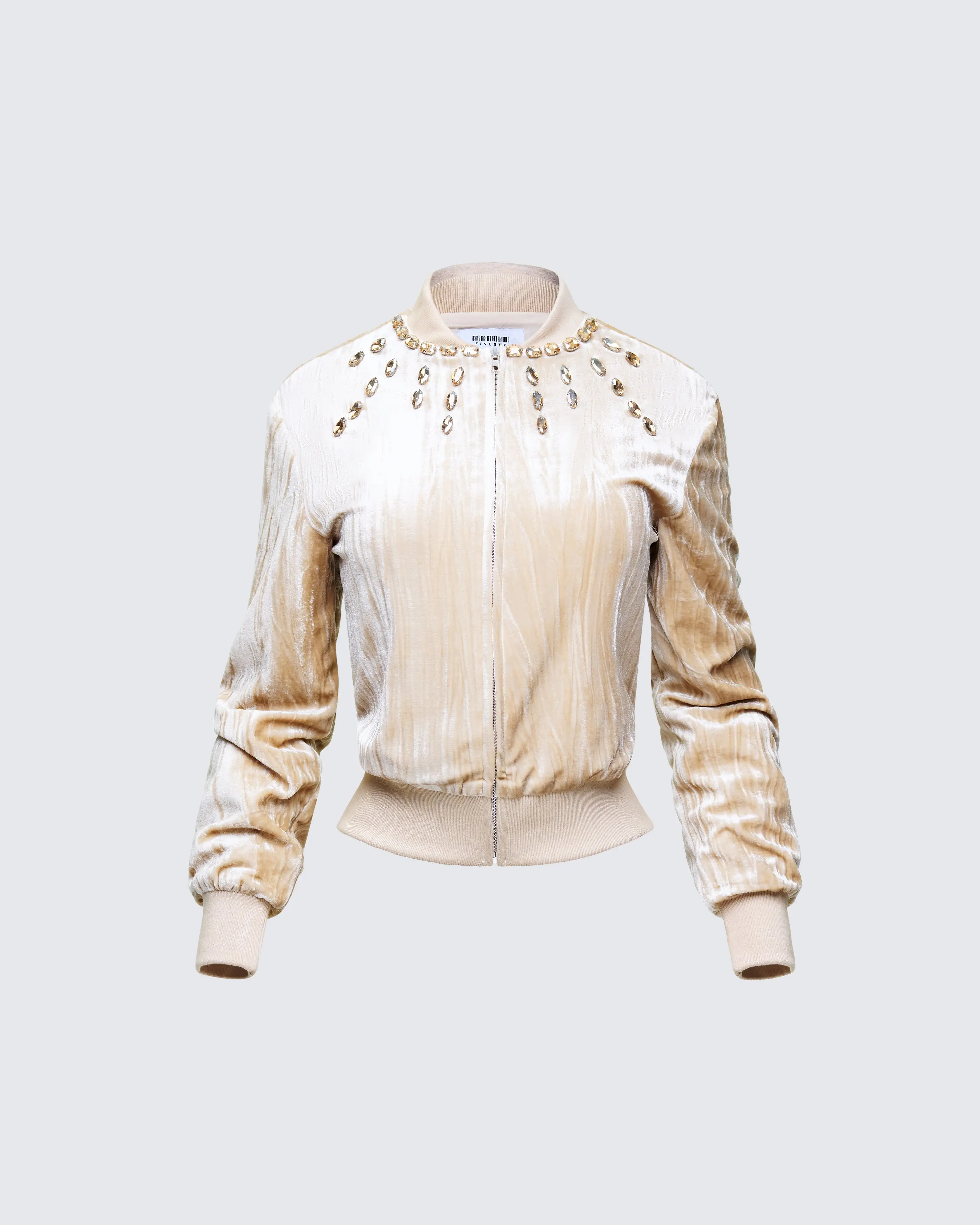 Cropped Bomber Jacket for Women in Chic Velour with a Full Zipper, Gem Embellished Collar and Ribbed Trim, Evening