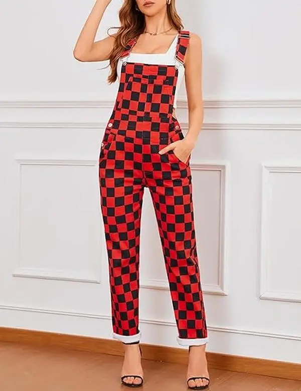 ODEFOU Women's Fitted Plaid Sleeveless Stretch Straight Leg Bib Overalls, Fall Outfits Jumpsuit, Jumpsuits For Women, Checkered Plaid, Denim Fabric, All Seasons, Basics, Classic, Holiday, Straight Pants, Button, Casual
