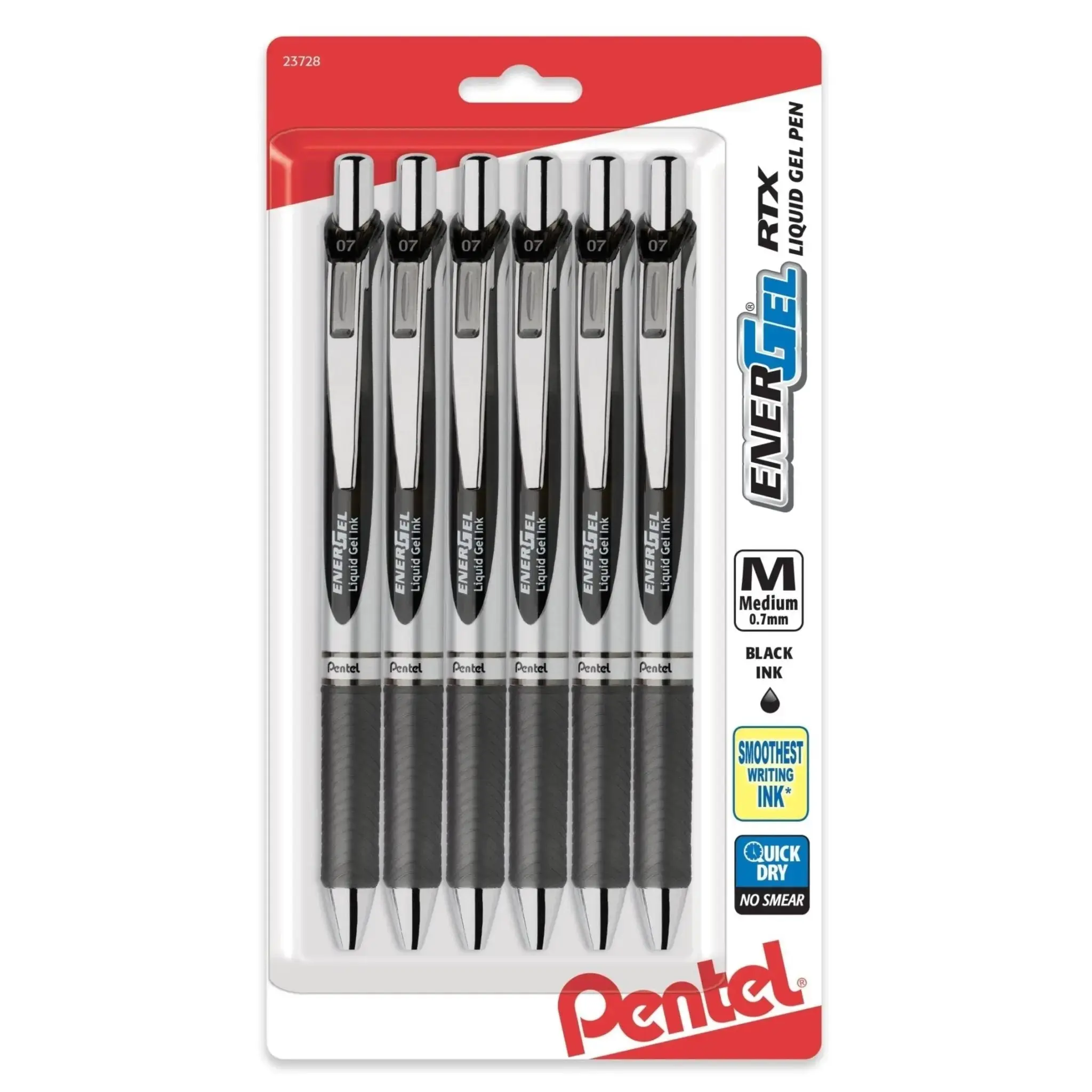 EnerGel RTX Refillable Gel Pen - Retractable 0.7mm Metal Tip, Black Ink, 6-Pk, 54% Recycled Plastic, Eco-Friendly, Fast-Drying, No Smudges, Precise Lines, Latex-Free Comfortable Grip (Office Stationery Writing Tool), No Smears, Stainless Accent, Rtx Serie