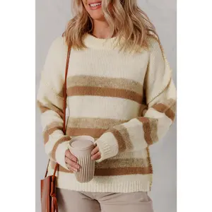 Khaki Stripe Exposed Seam Drop Shoulder Knit Baggy Sweater