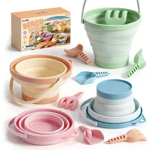 Dreamon Beach Toys, 4 Pack Collapsible Sand Buckets for Kids, Shovels & Rakes Set with Mesh Bag, Kids Beach Essentials Sandcastle Building Kit for Beach Trip Outdoor Play and Summer Fun