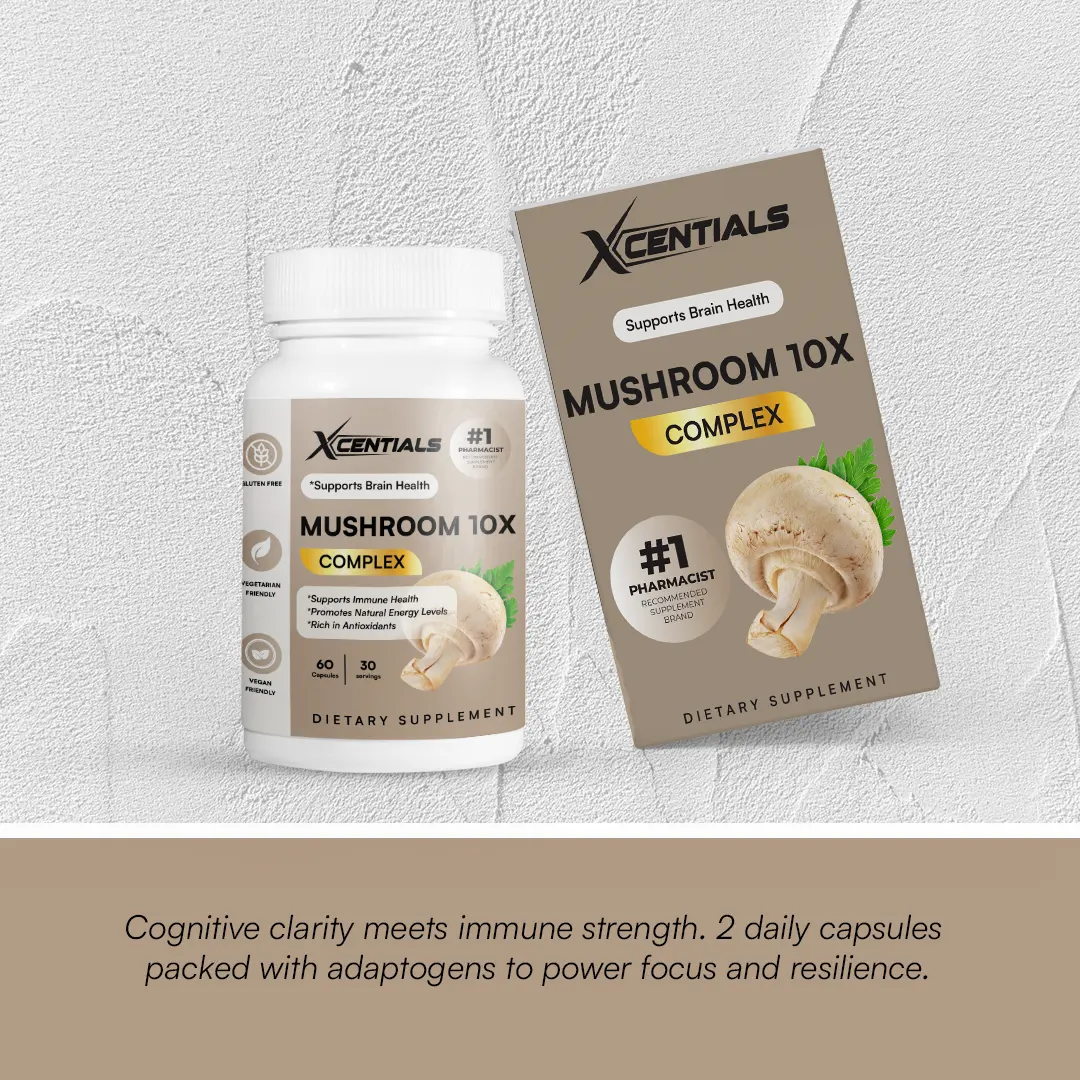 Xcentials Mushroom 10X Complex - 2600mg Vegan Capsules for Energy & Immune Support - 60 Count - Natural Supplement for Healthcare & Fitness