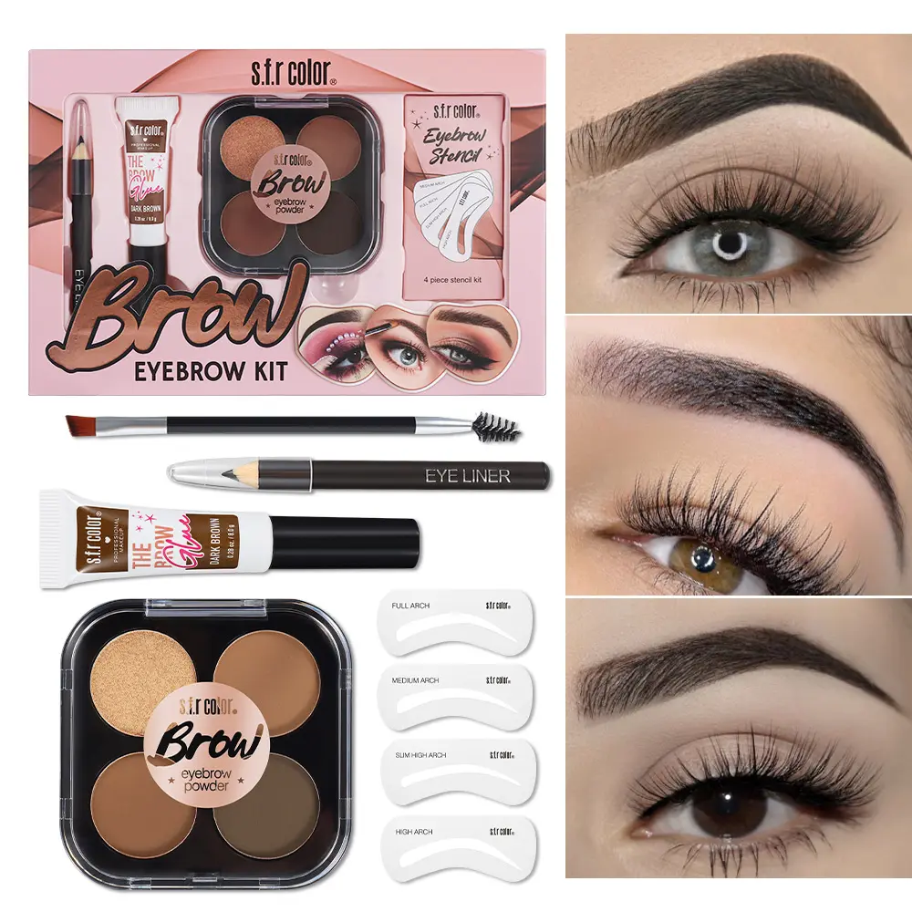 Women's 4-Color Eyebrow Makeup Kit - All-in-1 Brow Shaping Set with Powder Palette, Gel, Pencil, Dual Brush & Stencils for Daily Makeup