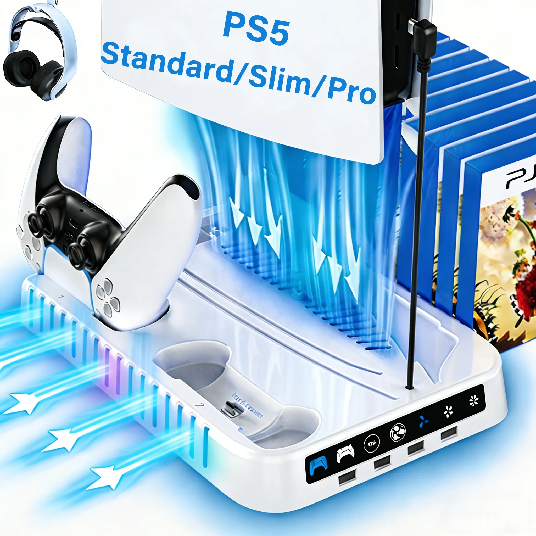 PS5 Charging Base Cooling Bracket for PS5/Slim/Pro, Cooling Station with Dual Controller Chargers and RGB Light, Game Disc Storage Rack, PS5 Accessories