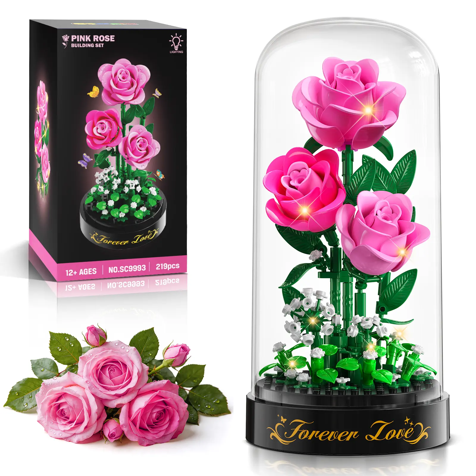 HiWEEGO Flower Bouquet Building Set with LED Light - 3.6MM Rose Building Block with Dust Cover Birthday Xmas Gift for Mom Girls Women Adults, 219PCS Flowers Botanical Collection Toy Home Decor (Pink)
