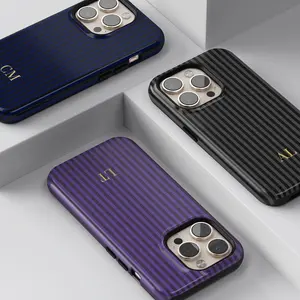 Cute Minimalist Burgundy Stripes Hybrid Smartphone Case - Gold Monogram Personalized Initials Casing, Shockproof Polycarbonate Protection, Tech Accessory for iPhone 17,16,15,14 & Mobile Devices