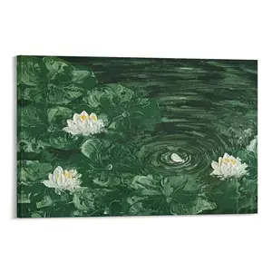 Dark Green Lotus Pond Canvas Wall Art – White Water Lily Oil Painting Print for Modern Farmhouse Bathroom Bedroom Living Room Decor