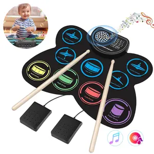 Electronic Drum Set, 9-Drum Practice Pad with Headphone Jack, Roll-up Drum Kit Machine with Built-in Speaker Drum Pedals and Sticks 10 Hours Playtime, Great Christmas for Kids