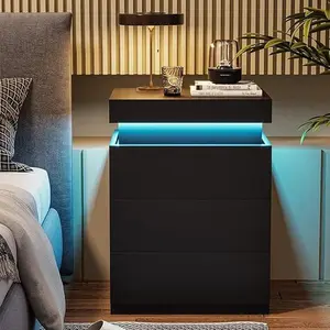 Sikaic Modern Nightstand with LED Lights Charging Station Black Sliding Top 2 Power Outlets 2 USB Ports Remote Control Multiple Colors Music Sync Function