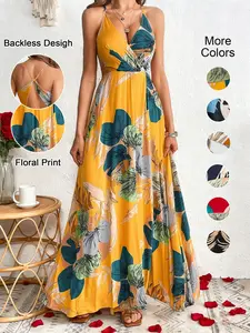 Women's Tropical Print Split Thigh Dress, Backless Hollow Out Design, Summer Vacation Perfect, Fitted Sleeveless Boho Style