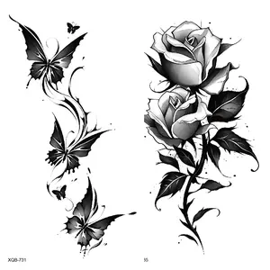 2 Temporary Tattoos Butterfly and Rose Style in, Waterproof Floral Fake Tattoo Sticker for Women, Sweatproof Design for Arms, Chest, Thighs, Ankles and Abdomen