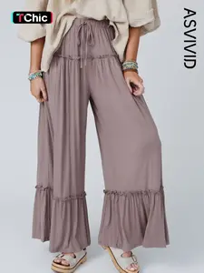Women's Plain Drawstring Frill Trim Wide Leg Pants, Casual Boho High Waist Trousers for Summer, Ladies Bottoms for Daily Wear, Womenswear