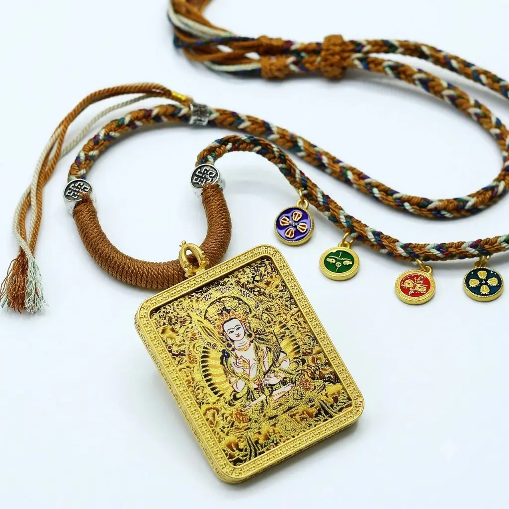 Hand-Painted Golden Ethnic Square Pendant Necklace with Braided Cord Vintage Boho Birth Year Keepsake Jewelry Gift(1973, 1974, 1985, 1986, 1997, 1998, 2009, 2010)