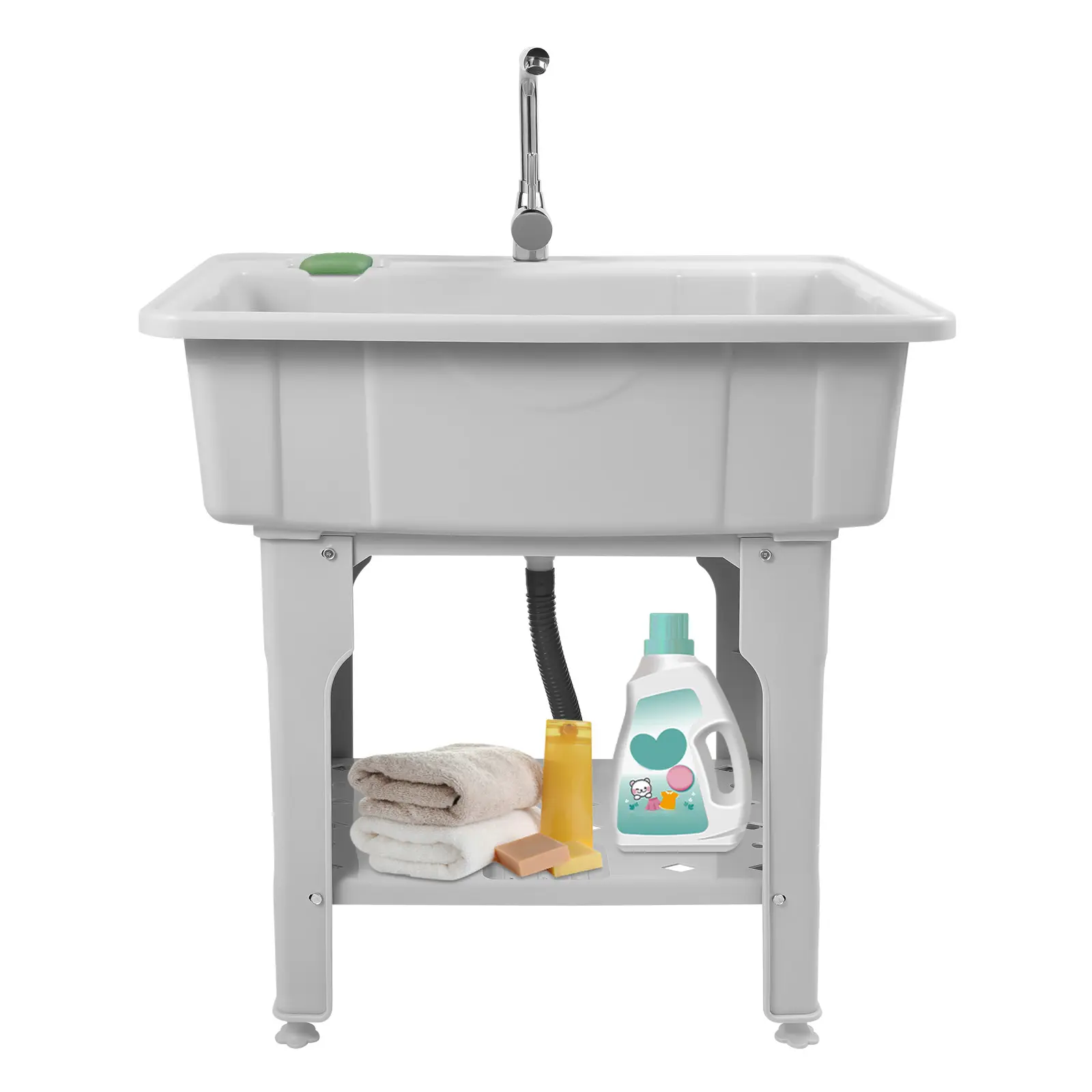 summerwins Rectangular Freestanding Plastic Laundry Sink with Washboard, Storage Shelf, 154 lbs Capacity, 360-Degree Rotating Hot-Cold Faucet, Modern Utility Wash Basin for Bathroom, Garden (Indoor/Outdoor Use)